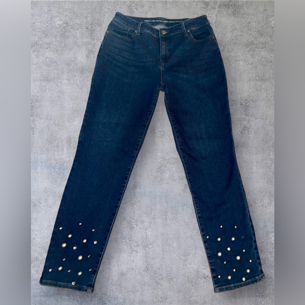 Chico's Dark Blue Straight Leg Jeans with Pearl & Rhinestone Details💕